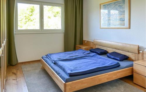 a bedroom with a bed with blue sheets and two windows at Chalet Mit Karawankenblick in Köttmannsdorf