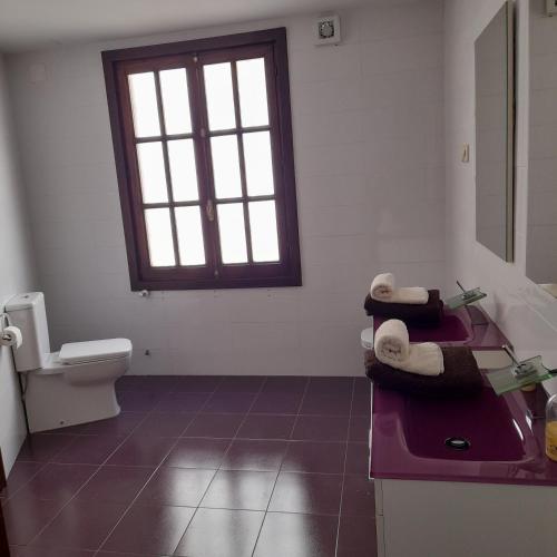 een badkamer met een wastafel, een toilet en een raam bij Plaza de Chinchón. Apartamento. in Chinchón