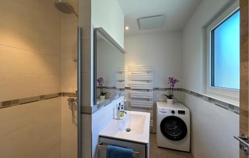 a bathroom with a sink and a washing machine at Chalet Mit Karawankenblick in Köttmannsdorf