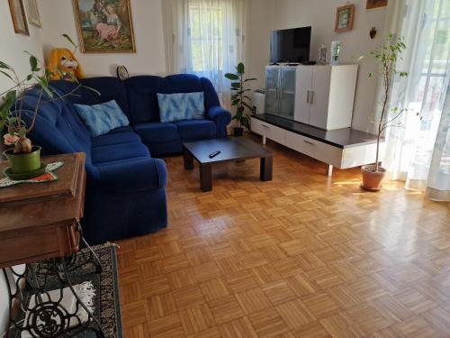 a living room with a blue couch and a table at Apartment Luka at Soča & Koritnica confluence in Bovec