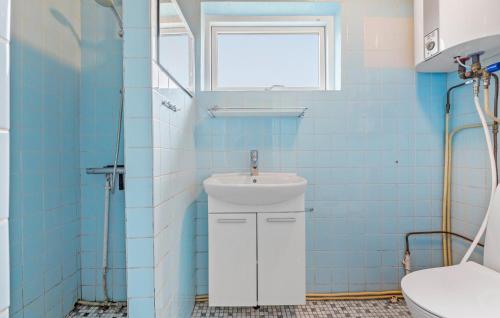 Fjerritslev的住宿－2 Bedroom Nice Home In Fjerritslev，蓝色瓷砖浴室设有水槽和卫生间