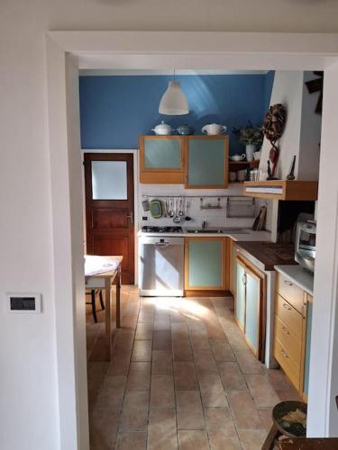 a kitchen with blue walls and a table in it at Casa Agostino Codazzi Dimora storica in Lugo