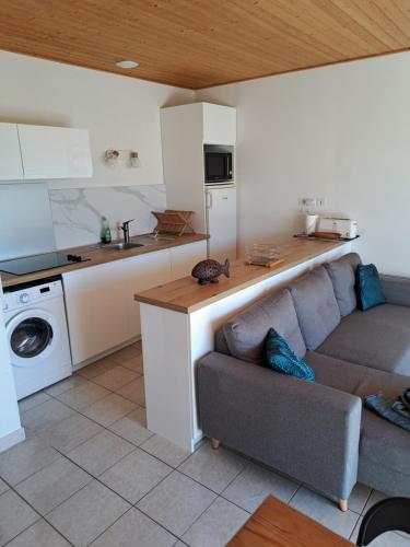 ブルティニョール・シュル・メールにあるMaison a 150 m de la plage de Bretignolles sur merのソファとキッチンのあるリビングルーム