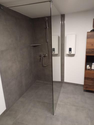a shower with a glass door in a bathroom at Ferienwohnung In der Kehr in Briedel