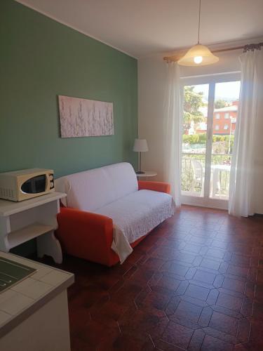 a living room with a couch and a microwave at Residence La Meridiana in San Bartolomeo al Mare