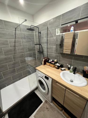 une salle de bain avec une machine à laver et un lavabo dans l'établissement 2P central de Nice avec balcon, à Nice