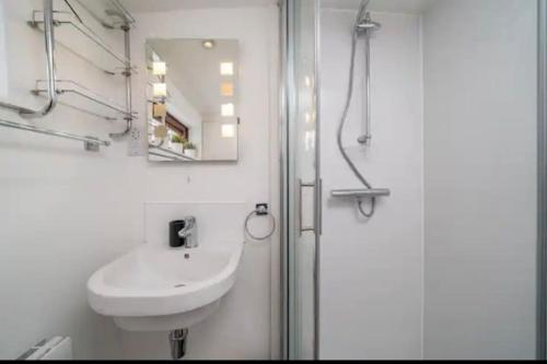 uma casa de banho branca com um lavatório e um chuveiro em Historic Dutch Barge, Idyllic location em Londres