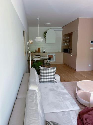 a living room with a couch and a table at Apartment Zwirn, free parking, 24/7 access in Nivy
