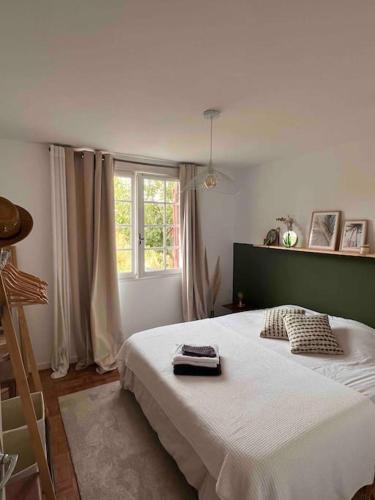 une chambre avec un grand lit avec une fenêtre dans l'établissement Agréable Maison Landaise proche du Lac, à Sanguinet