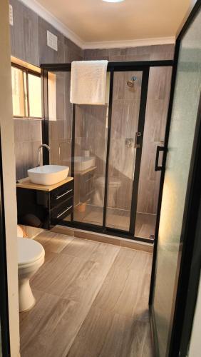 W łazience znajduje się prysznic, toaleta i umywalka. w obiekcie Koluti Apartments w Ndola