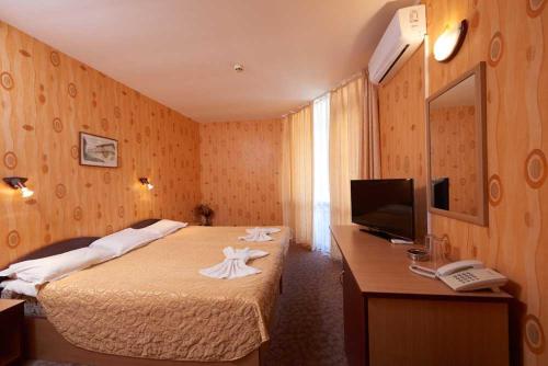een slaapkamer met een bed, een bureau en een televisie bij Hotel Smolyan in Sunny Beach