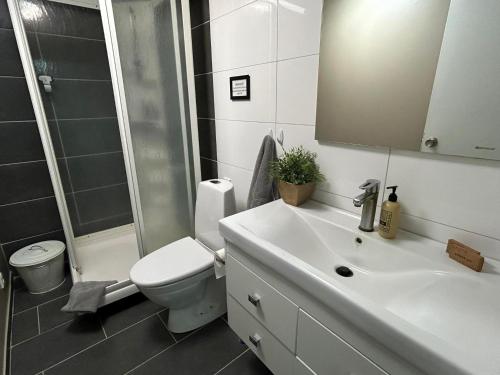 y baño con lavabo, aseo y ducha. en The Hvítá Inn en Bær