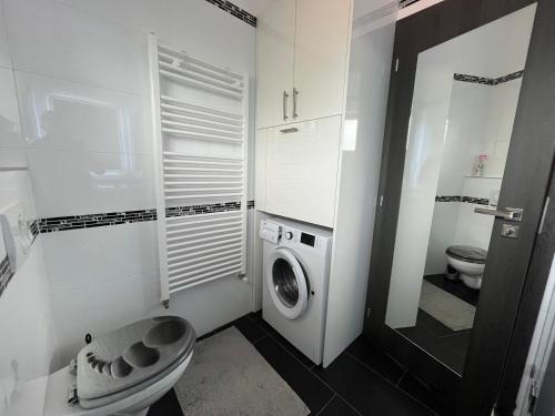 een badkamer met een wasmachine en een toilet bij Smeraldo Penthouse Zamardi in Zamárdi