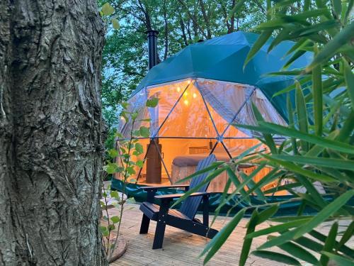 a tent is sitting next to a tree at La Ferme 1851 - Cabane Spa Nordique privé vue sur champ in Willems