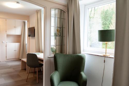 a living room with a green chair and a window at Forellenhof Wald- und Wiesenquartier in Bad Berleburg