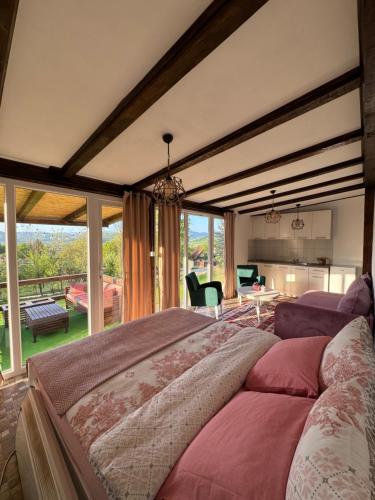 ヴィソコにあるPerla Accommodationの大きなベッドと大きな窓のある広い寝室