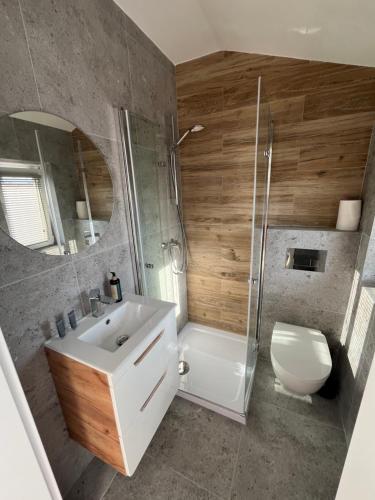 uma casa de banho com um lavatório, um chuveiro e um WC. em Pokoje Gościnne Łabędź em Jastarnia