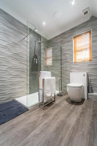 a bathroom with a toilet and a shower at The Cottage @ The Vu in Torphichen