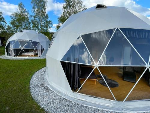 two igloo domes in a field of grass at Poziom 713 in Trzebunia