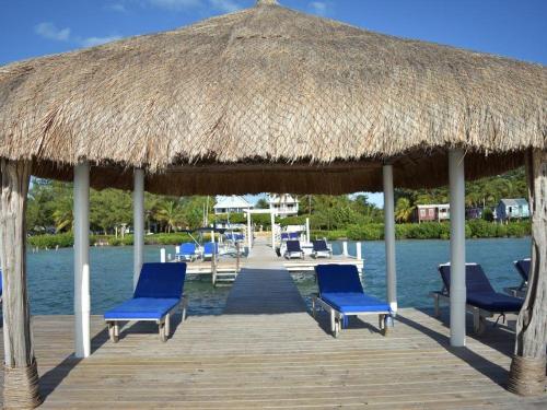 einen Pier mit blauen Stühlen und einem Strohschirm in der Unterkunft Sea Garden Cottage in Caye Caulker