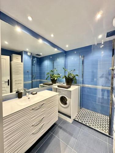 La salle de bains est pourvue d'un lave-linge et d'une douche. dans l'établissement Superbe Appartement, Cap d'Antibes - Clim, Parking, Terrasse vue mer, à Antibes