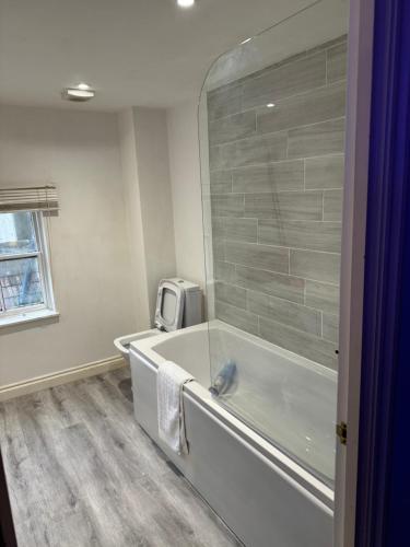 a bathroom with a bath tub and a television at Russell square Apartment 4 city in Brighton & Hove