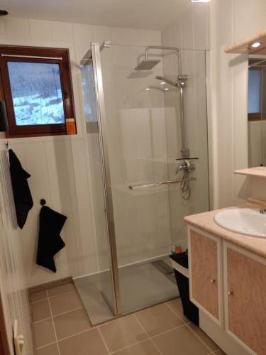 une salle de bain avec douche et lavabo dans l'établissement Location MarjoRI*** - T4 Le Cardinal, au Lauzet-Ubaye