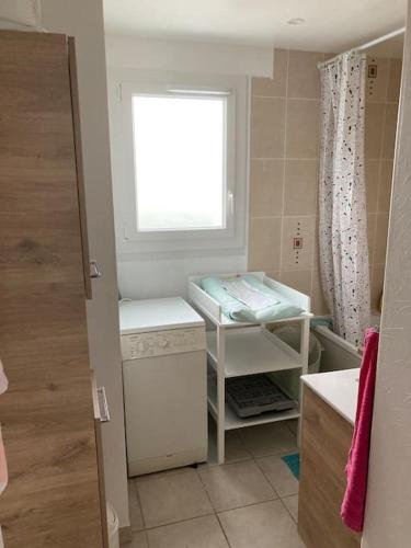 Elle comprend une petite salle de bains pourvue d'une fenêtre et d'un lavabo. dans l'établissement Appartement lumineux et au calme, 800 m de la plage, à Larmor-Plage