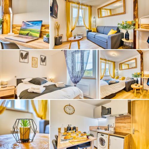 un collage de photos d'une chambre d'hôtel dans l'établissement Les Hourtous Netflix Wi-Fi Fibre Terasse 4 pers, à Banassac