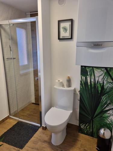 La salle de bains est pourvue de toilettes et d'une douche en verre. dans l'établissement Pokoje goscinne Gala, à Międzyzdroje