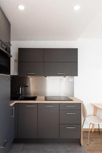 une cuisine avec des armoires grises et un évier dans l'établissement IMMODREAMS - Le Duplex, à Morzine