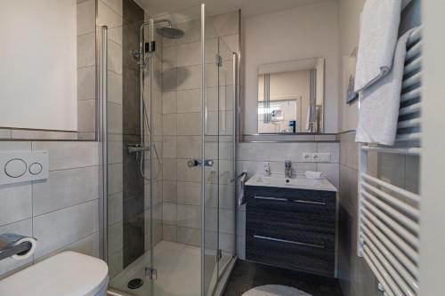 uma casa de banho com um chuveiro, um WC e um lavatório. em Ferienwohnung Streudorf em Gunzenhausen
