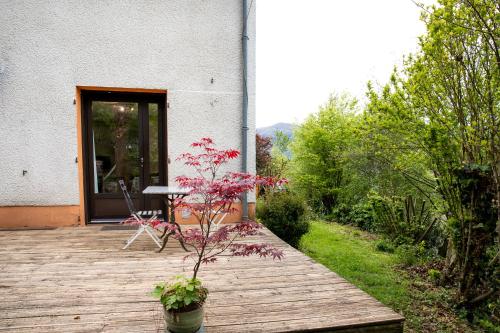 a wooden deck with a table and a plant on it at Studio avec Jardin à Bagneres in Bagnères-de-Bigorre