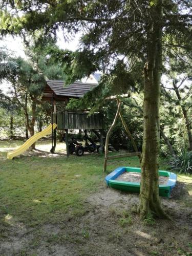 a playground with a slide and a tree at Domek Wakacyjny Mały in Stegna