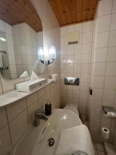 a bathroom with a sink and a mirror at Central Hotel in Worms