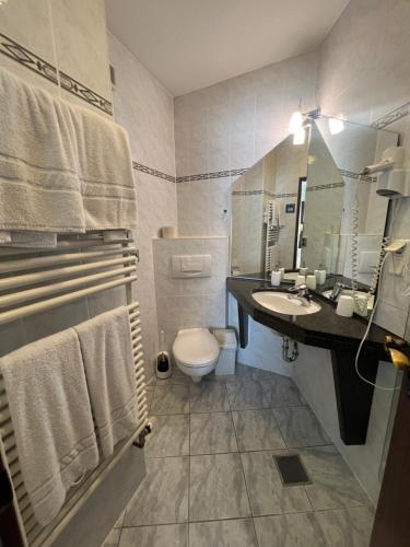 łazienka z toaletą i umywalką w obiekcie Central Hotel w Wormacji