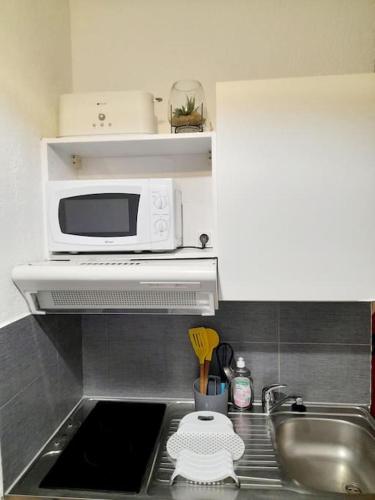 un comptoir de cuisine avec un micro-ondes et un évier dans l'établissement Appartement proximité gare, à Perpignan