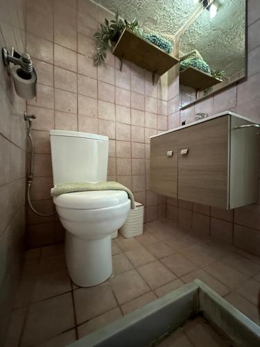 a bathroom with a white toilet and a sink at Aristea's House in Arkalochori