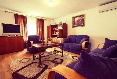 sala de estar con sofá azul y mesa en Vrdnik apartmani Sara, en Vrdnik