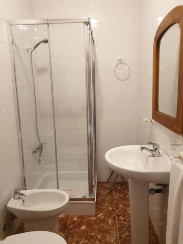 a bathroom with a shower and a sink and a toilet at La Caseja Rural in Ossa de Montiel