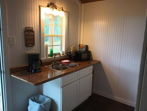 a kitchen counter with a sink and a window at Valley View Cabin - Buffalo Point in Maumee