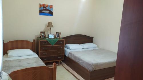1 dormitorio con 2 camas individuales y vestidor en Spring Village Home, en Përmet