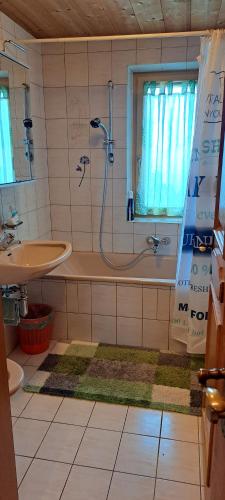 ein Bad mit einer Dusche und einem Waschbecken in der Unterkunft Ferienwohnungen Windegg in Tulfes