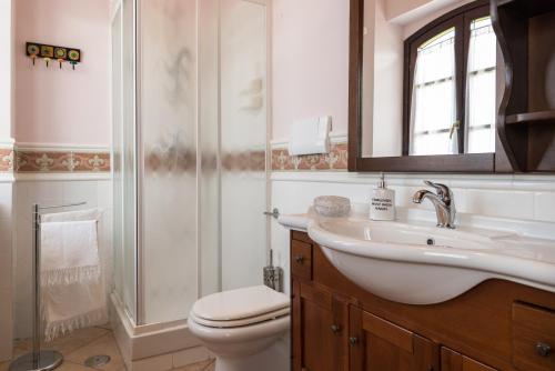 a bathroom with a sink and a toilet and a mirror at B&B Hibiscus in Agropoli