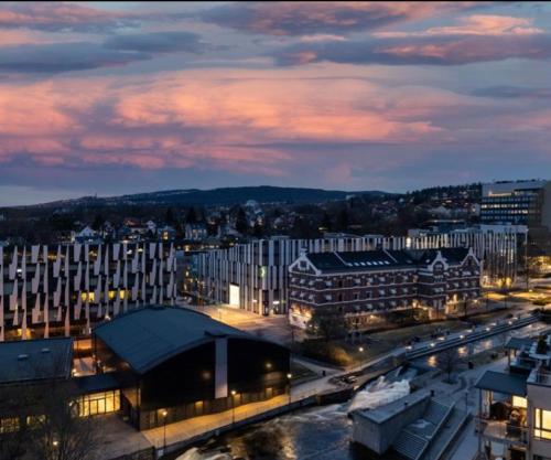 uma vista para uma cidade com edifícios e carros em The sky penthouse em Oslo