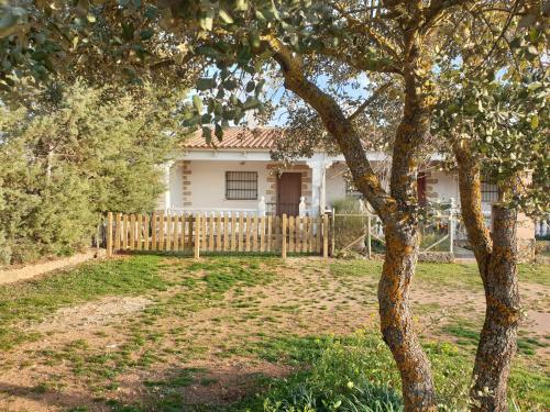 a white house with a fence and a tree at La Caseja Rural in Ossa de Montiel