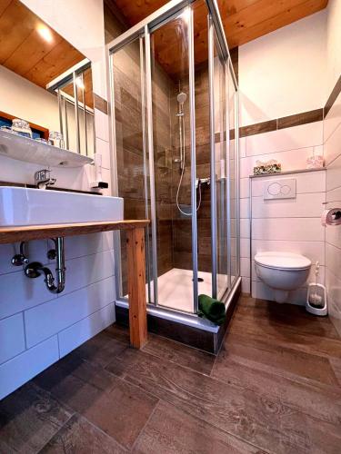 a bathroom with a shower and a toilet at Pension Bavaria in Mittenwald