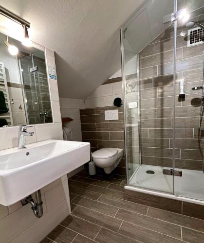 a bathroom with a sink and a shower and a toilet at Pension Bavaria in Mittenwald