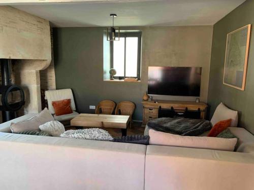 sala de estar con 2 sofás y TV de pantalla plana en Maison de style cabane à 400m du bassin, en Gujan-Mestras