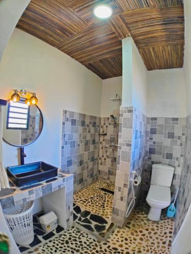a bathroom with a shower and a toilet in it at Bungalows des tropiques in Nosy Be